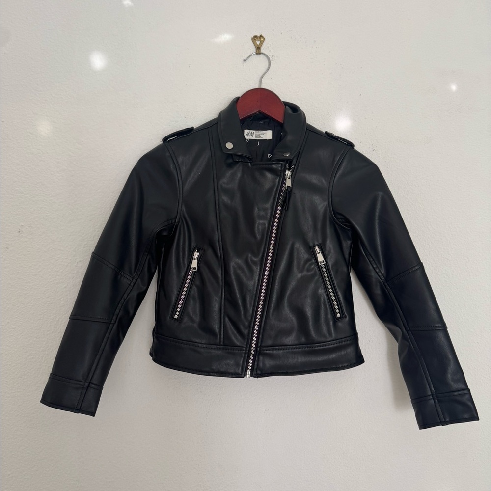 H&M Girls Black Vegan Leather Moto Jacket - Size 10
